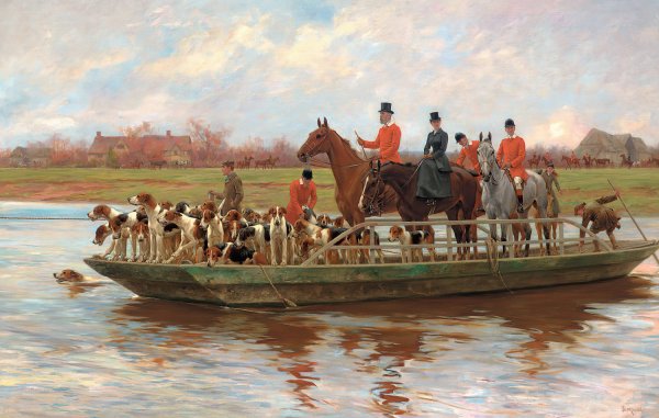 Main Product Photo of Mr. Edward Lycett Green and the York and Ainsty Hounds on the Ferry at Newby  Painting by Thomas Blinks