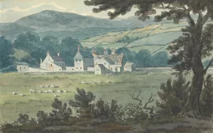 Rural Landscape Scene with Farm and Grazing Sheep by Thomas Bradshaw Oil Painting