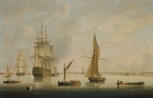 A British Man-Of-War Being Towed Into Portsmouth Harbour By A Steam Tug by Thomas Buttersworth Oil Painting