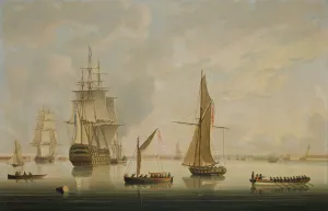 A British Man-Of-War Being Towed Into Portsmouth Harbour By A Steam Tug by Thomas Buttersworth Oil Painting