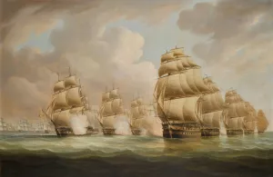 The Action of Commodore Dance and the Comte de Linois off the Straits of Malacca, 15 February 1804 by Thomas Buttersworth Oil Painting