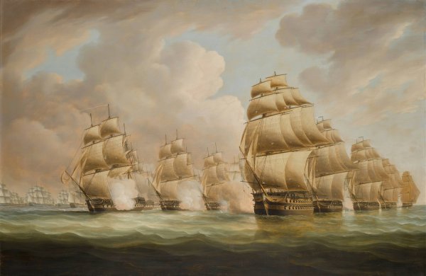 Main Product Photo of The Action of Commodore Dance and the Comte de Linois off the Straits of Malacca, 15 February 1804 Painting by Thomas Buttersworth