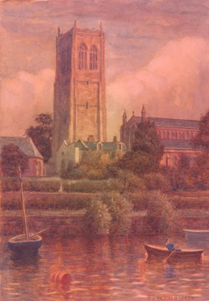 View of the Church of Saint John the Baptist, Chester, Cheshire, England, from the River Dee Oil painting by Thomas Charles Farrer
