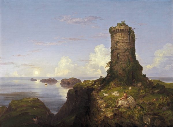Italian Coast Scene with Ruined Tower  by Thomas Cole - Hand-Painted Oil Painting Reproduction