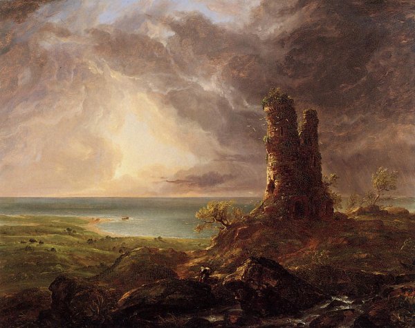 Main Product Photo of Romantic Landscape with Ruined Tower Painting by Thomas Cole