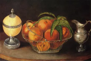 Basket of Peaches with Ostrich Egg and Cream Pitcher painting by Thomas Couture