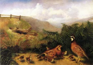 Landscape with Quail - Cock, Hen and Chickens by Thomas Couture Oil Painting