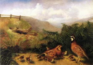 Landscape with Quail - Cock, Hen and Chickens Oil painting by Thomas Couture