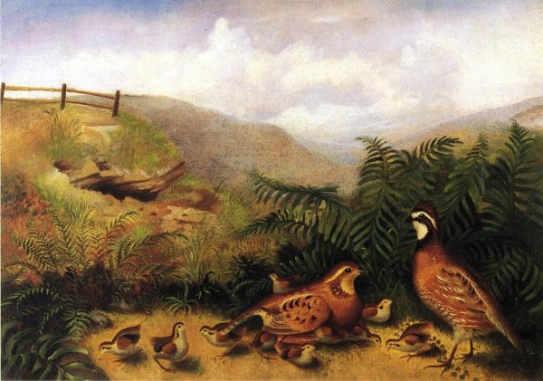 Main Product Photo of Landscape with Quail - Cock, Hen and Chickens Painting by Thomas Couture