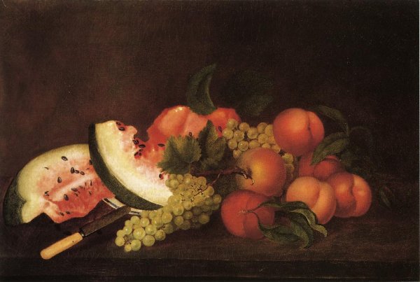Main Product Photo of Still Life with Grapes, Watermelon, and Peaches Painting by Thomas Couture