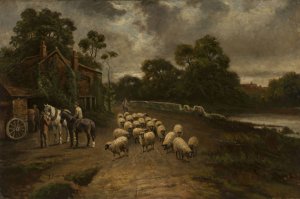 Genre scene with a flock of sheep by Thomas Creswick Oil Painting
