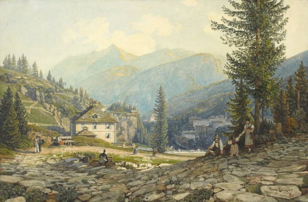 View of the Residence of Archduke Johann in Gastein Hot Springs  by Thomas Ender - Hand-Painted Oil Painting Reproduction