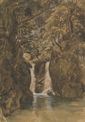 A View of Lower Rydal Falls, Cumbria by Thomas Fearnley Oil Painting