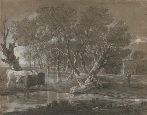 A Moonlit Landscape with Cattle by a Pool by Thomas Gainsborough - Oil Painting Reproduction