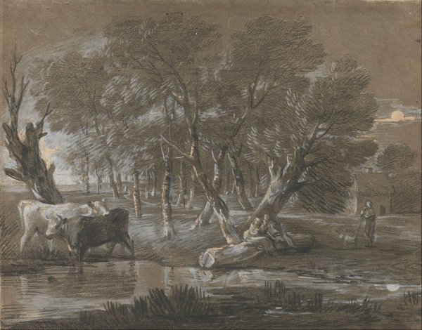 A Moonlit Landscape with Cattle by a Pool