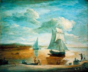 Coastal Scene with Sailing and Rowing Boats and Figures on the Shore