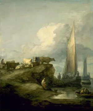Coastal Scene with Shipping and Cattle painting by Thomas Gainsborough