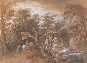 Hilly Landscape with Figures Approaching a Bridge painting by Thomas Gainsborough