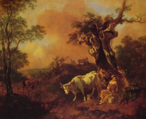 Landscape with a Woodcutter and Milkmaid Oil painting by Thomas Gainsborough