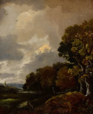 Landscape with trees and a field, a church tower in the distance by Thomas Gainsborough Oil Painting