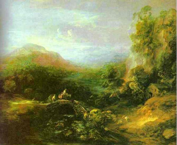 Main Product Photo of Mountain Landscape with Peasants Crossing a Bridge Painting by Thomas Gainsborough