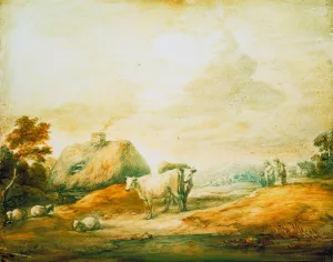 Open Landscape with Peasants, Cows, Sheep, Cottages and a Pool by Thomas Gainsborough - Oil Painting Reproduction