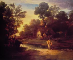 Wooded Landscape with Cattle by a Pool and a Cottage at Evening by Thomas Gainsborough Oil Painting