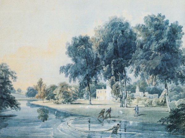 Chalfont House, Buckinghamshire, with Fishermen Netting the Broadwater by Thomas Girtin - Hand-Painted Oil Painting Reproduction