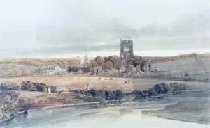 Kirkstall Abbey, Yorkshire, from the Bridge; Morning painting by Thomas Girtin