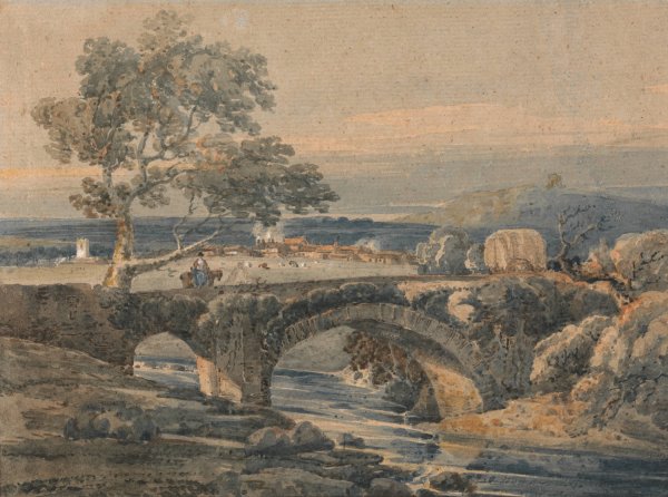 The Old Bridge in Devon  by Thomas Girtin - Hand-Painted Oil Painting Reproduction