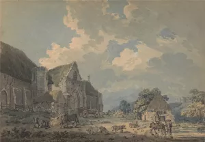 The Tithe Barn at Abbotsbury with the Abbey on the hill… by Thomas Girtin Oil Painting