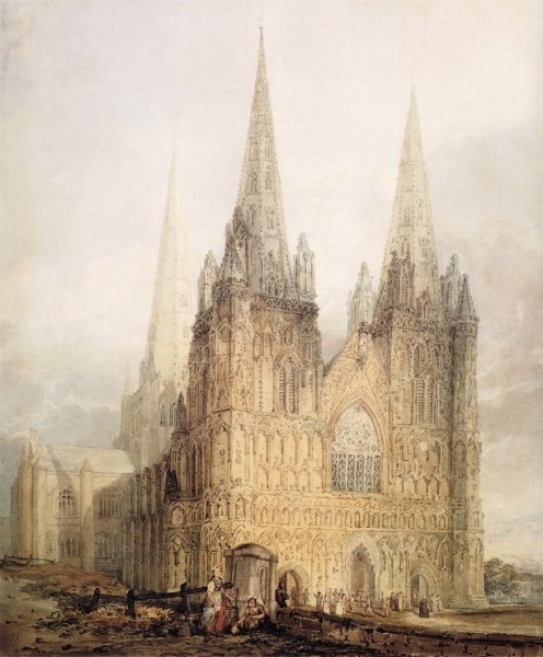 The West Front of Lichfield Cathedral by Thomas Girtin - Hand-Painted Oil Painting Reproduction
