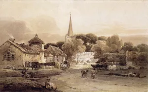 Village Street and Church Spire Oil painting by Thomas Girtin