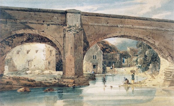 Wetherby Bridge, Yorkshire, looking through the Bridge to the Mills by Thomas Girtin - Hand-Painted Oil Painting Reproduction