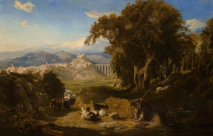A view of the Umbrian campagna with Spoleto in the distance and a goatherd and his flock in the foreground by Thomas Hartley Cromek Oil Painting