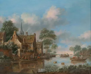 A river landscape with fishermen by Thomas Heeremans Oil Painting