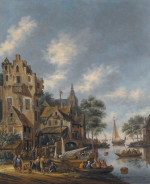 A Town On The Banks Of A River With Figures At The Waterside by Thomas Heeremans Oil Painting