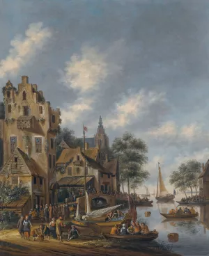 A Town On The Banks Of A River With Figures At The Waterside by Thomas Heeremans Oil Painting