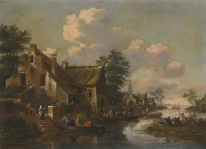 A Town On The Banks Of A River by Thomas Heeremans Oil Painting