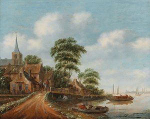 A village on the banks of a river by Thomas Heeremans Oil Painting