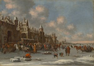 A winter landscape with skaters on a frozen lake near a city wall by Thomas Heeremans Oil Painting