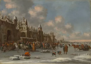 A winter landscape with skaters on a frozen lake near a city wall by Thomas Heeremans Oil Painting