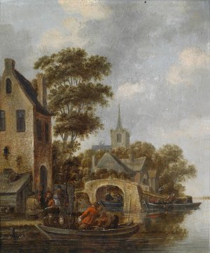 Flusslandschaft mit einem Fahrboot by Thomas Heeremans Oil Painting