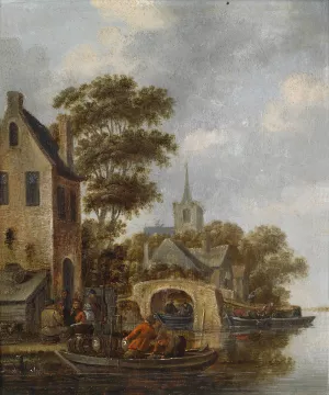 Flusslandschaft mit einem Fahrboot by Thomas Heeremans Oil Painting