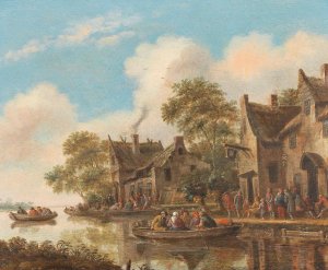 River landscape with ferry boats and a tavern by Thomas Heeremans Oil Painting