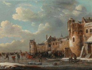 Skaters and a horse-drawn sleigh on the ice outside a walled town by Thomas Heeremans Oil Painting
