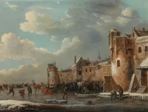 Skaters and a horse-drawn sleigh on the ice outside a walled town by Thomas Heeremans Oil Painting