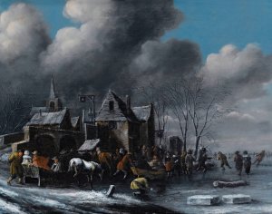 Skaters On A Frozen River by Thomas Heeremans Oil Painting
