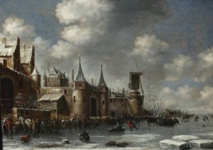 Skating by the city walls by Thomas Heeremans Oil Painting