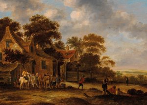 Travellers resting outside a tavern by Thomas Heeremans Oil Painting